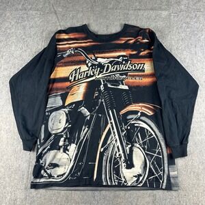 Harley Davidson Motorcycles Long Sleeve T Shirt Men XL Black All Over Print RARE